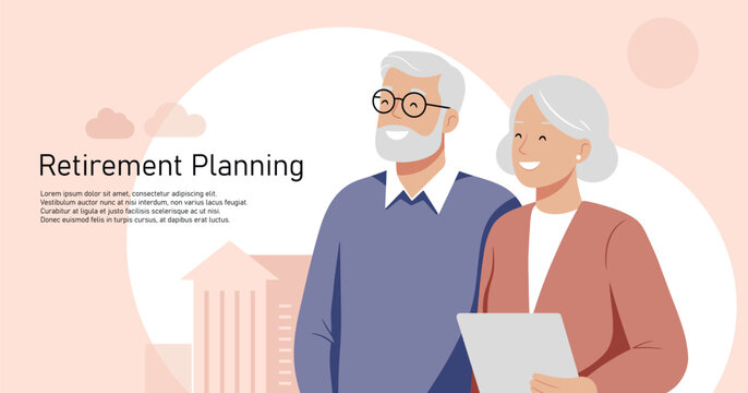 Retirement planning. Vector illustration of a happy senior couple planning their retirement. This landing page design emphasizes financial security, investment, and a comfortable future.
