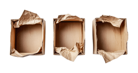 Empty cardboard boxes with crumpled wrapping inside to showcase design potential for packaging solutions, cut out