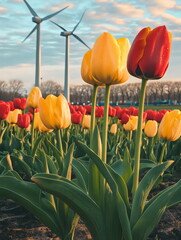 Colorful tulip fields in bloom with wind turbines under a colorful sky during golden hour. Beautiful spring