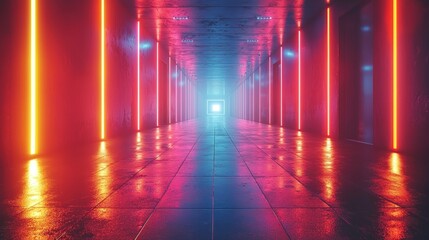 Illuminated Corridor with Neon Lights and Perspective View Illustration