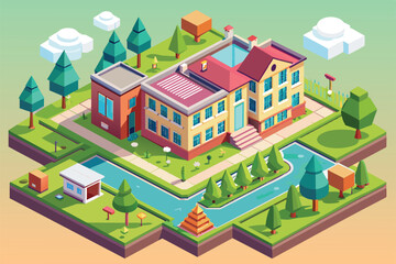 An isometric view showcases a colorful orphanage with greenery, water features, and playful architecture, Orphanage Customizable Isometric Illustration