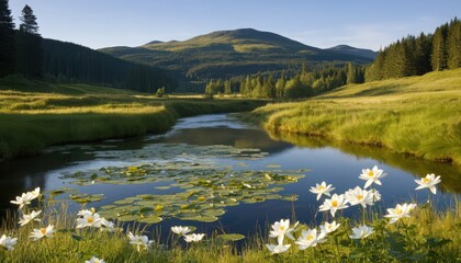 Fototapeta premium Serene River Landscape with White Water Lilies and Mountains
