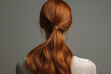 Fototapeta premium Woman with long red hair styled in a ponytail, natural setting