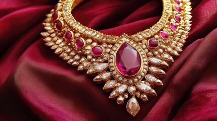 Fototapeta premium A lavish gold necklace with gemstone embellishments on a metallic gold fabric.