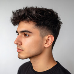 A side view of an attractive young man with dark hair, featuring a modern fade haircut that is styled in a spiky quiff.