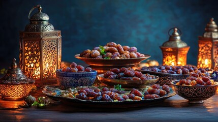 A spread of traditional Ramadan date platters with glowing lanterns and decorative bowls