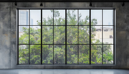 large window with industrial glass panes, faded gray paint on the wall behind it, smooth black metal frames