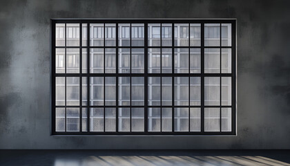 large window with industrial glass panes, faded gray paint on the wall behind it, smooth black metal frames