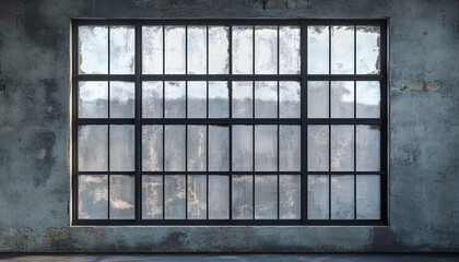 large window with industrial glass panes, faded gray paint on the wall behind it, smooth black metal frames