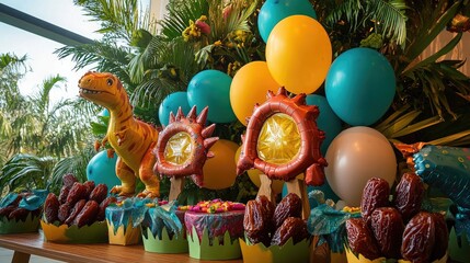 A themed children's birthday party where dates are shaped into dinosaurs and arranged with colorful balloons and jungle-inspired decor.