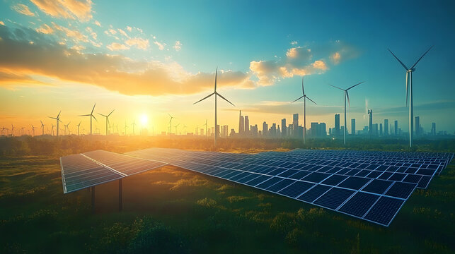 Futuristic AI-controlled renewable energy grids distributing solar and wind power: A clean-energy city where AI manages every aspect of power distribution.