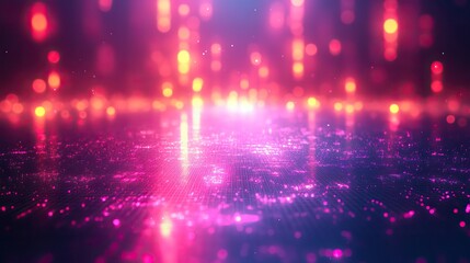 Fototapeta premium Blurred background in violet, pink, and mint colors with perspective grid. Abstract trendy holographic backdrop in 80s style. Synthwave, vaporwave, retrowave, retro futurism, webpunk, 3D illustration.