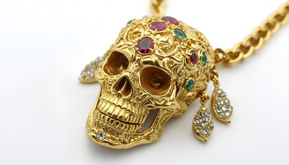 Fototapeta premium piece of jewellery, gold skull pendant with gems and enamel, with big dangling earrings, flat back, packshot