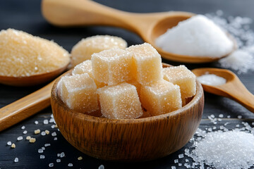 Natural sweeteners and sugar varieties displayed in wooden bowls on a dark textured surface reveal culinary richness and diversity