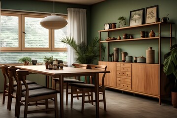 Modern living room with dining room. Dining room interior. 3D rendering of a dining area in modern kitchen