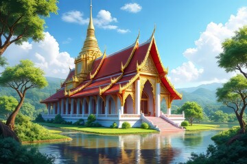 Obraz premium Stunning Thai Temple Architecture Reflecting on a Serene Pond