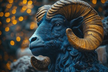 A close-up shot of a ram statue's head and horns, ideal for use in editorial or commercial contexts where a mythological or symbolic representation is required