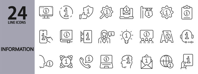 Information line icons set with Help, Support, Answer, Search, Service, Manual, Consultation, Instruction and more. Editable Stroke