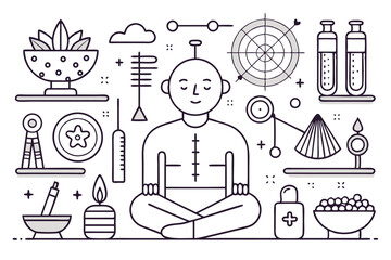 Obraz premium A collection of outlined acupuncture icons illustrating various tools, techniques, and a meditative figure, Outline acupuncture icons set