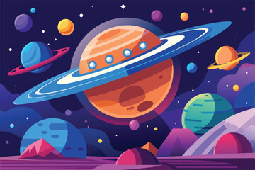 Naklejka premium Floating planets and rings in a vibrant outer space setting create a stunning cosmic view, Outer space Customizable Semi Flat Illustration