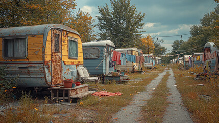 Row of weathered caravans with hanging laundry in autumn trailer park