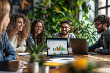 Diverse team in a business meeting, engaged in discussion, wooden table, open office, laptop with charts, casual attire, collaborative workspace, indoor plants, natural lighting.