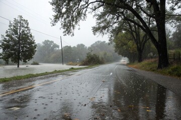 Fototapeta premium Rainy road, flood, cars in the water