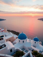 Fototapeta premium An enchanting sunset view highlighting the beauty of Santorini's coastal landscape and architectural charm.