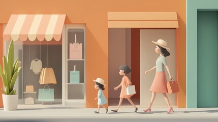 Whimsical shopping trip, mother and daughters enjoying a day at the boutiques