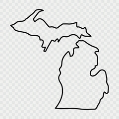 Michigan state silhouette, line style. America illustration, American vector outline isolated on background. Michigan Map Black, State Border | United States | US America | Transparent Isolated 
