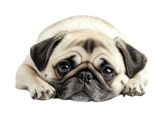 Obraz premium Pug resting peacefully with a longing expression on a clean surface, ideal for pet lovers and animal enthusiasts in creative projects, cut out