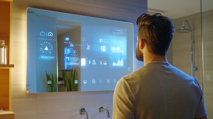 smart mirror displaying real-time weather updates and security alerts while a man gets ready for work, high-tech futuristic home