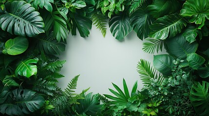 Bouquets of various dark green fresh tropical leaves are isolated on a white background, creating a design template frame with copy space for text in this top view, flat lay presentation.
