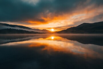 Fototapeta premium Serene Sunset Over Still Lake - Breathtaking sunset over a calm lake, mirrored reflection of fiery colors in the water, creating a tranquil and peaceful atmosphere