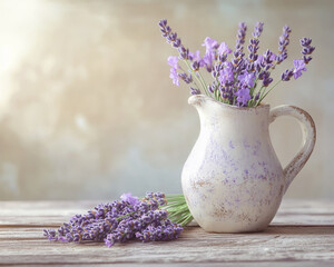 Fototapeta premium A fresh and calming image of lavender flowers arranged in a rustic pitcher, placed on a wooden table, symbolizing tranquility and the essence of natural beauty.