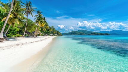 Fototapeta premium Tropical Paradise: Idyllic Beach Scene with Crystal Clear Waters and Lush Palm Trees