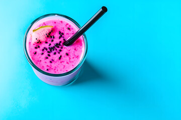 Overhead shot of a vibrant pink smoothie with a black straw on a vivid blue background, garnished with a slice of fruit and black seeds.
