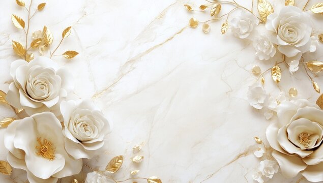 Elegant white roses and gold leaves on marble.