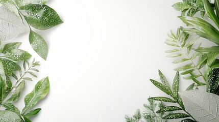 Obraz premium Fresh green leaves with water droplets on white background, creating a natural and refreshing border.