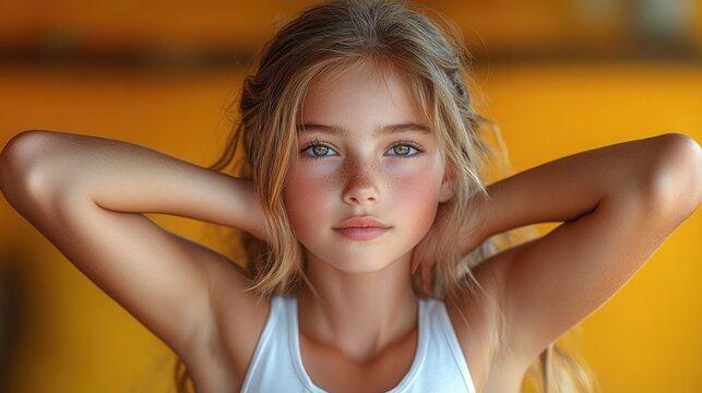 A beautiful young woman poses for a photo shoot or modeling session