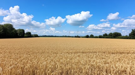Golden Wheat Field Under Blue Sky with Wind Turbines