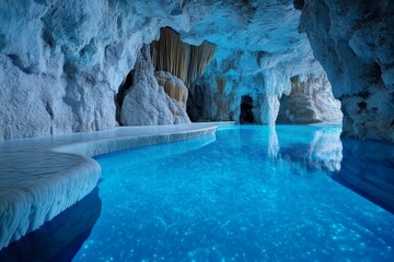 A magical glowing oasis hidden inside an ancient cave, with bioluminescent plants surrounding the water
