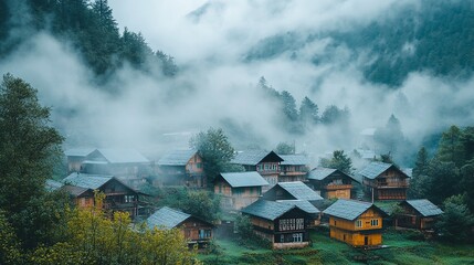 Fototapeta premium mountain village in the fog