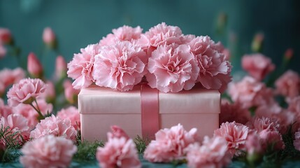 Carnations and a gift wrapped in silk paper create a sophisticated Mother's Day display.