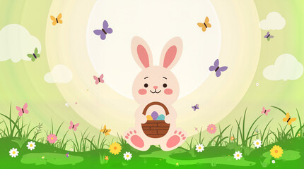 Cheerful bunny holding Easter basket in green meadow, joyful celebration