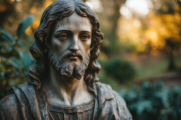 A statue of Jesus Christ depicted with long hair and a beard, often used in artistic or symbolic representations