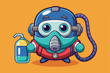 Fototapeta premium A playful cartoon character wearing a colorful oxygen mask stands with a connected oxygen tank, Oxygen mask Customizable Cartoon Illustration