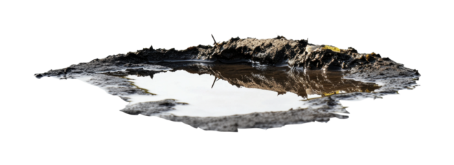 Natural puddle formed in muddy ground reflecting surrounding elements in a serene outdoor setting, cut out