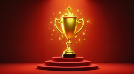 Golden lottery trophy on velvet podium with sparkles, celebration
