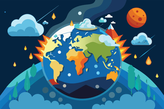 Illustration showcases the effects of ozone layer depletion on Earth, with clouds and a dramatic sky, Ozone layer depletion Customizable Disproportionate Illustration